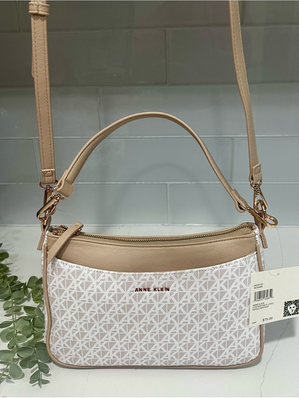 Brand New Anne Klein crossbody Handbag white and beige AK cube monogram pattern